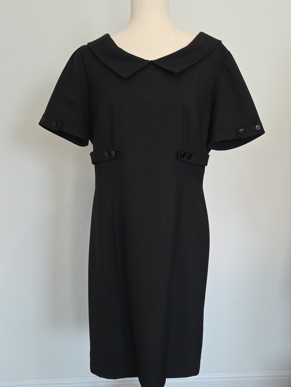 Tahari Black Peter Pan Collar Short-Sleeve Midi Shift Dress Blasic Mod Mad Men